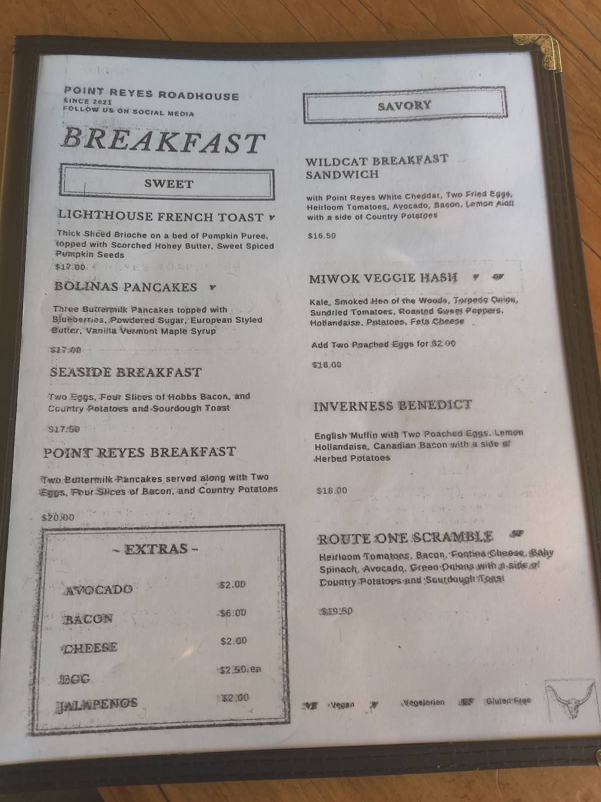 Menu at Point Reyes Roadhouse restaurant, Point Reyes Station