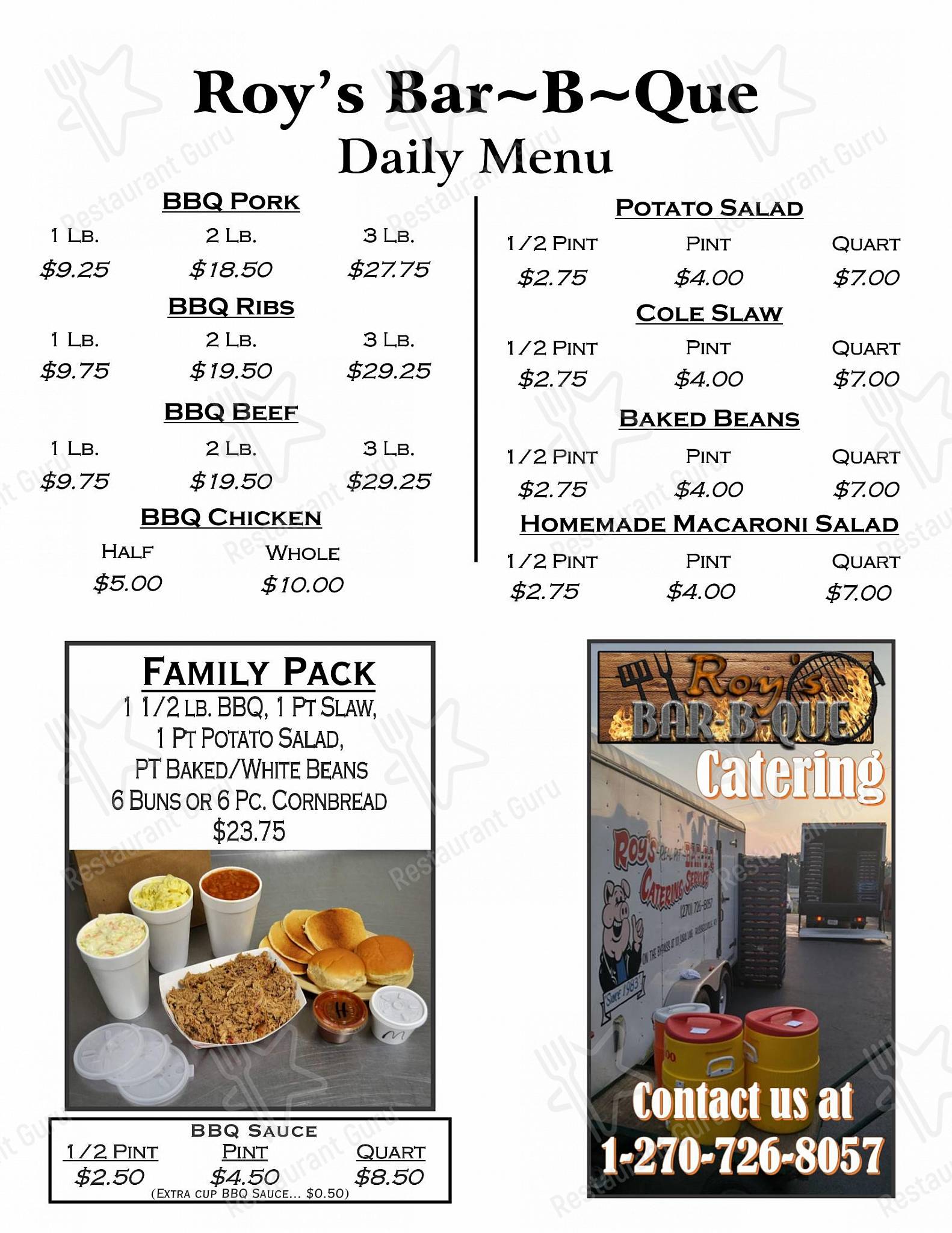 Menu at Roy's BarBQue, Russellville