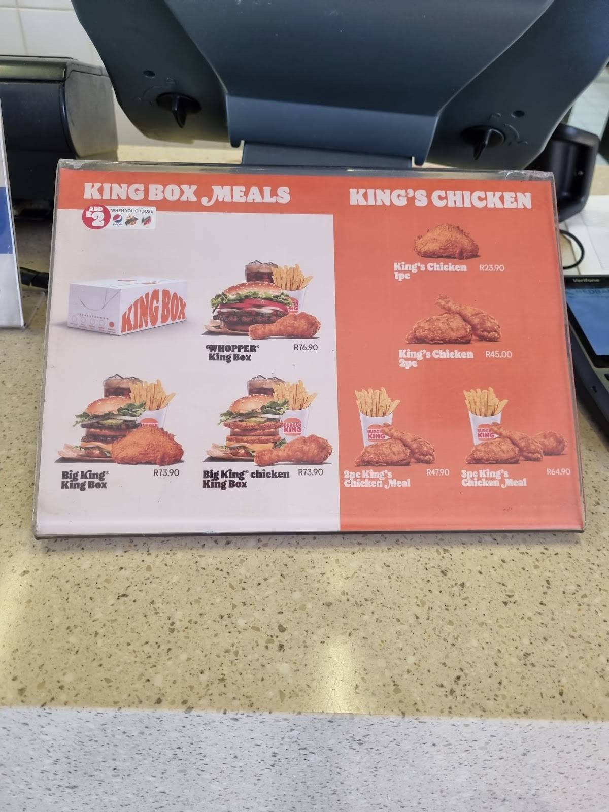 Menu at Burger King Three Rivers (DriveThru) restaurant, Vereeniging
