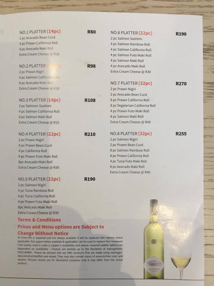 Menu at JC Chinese Restaurant, Bloemfontein