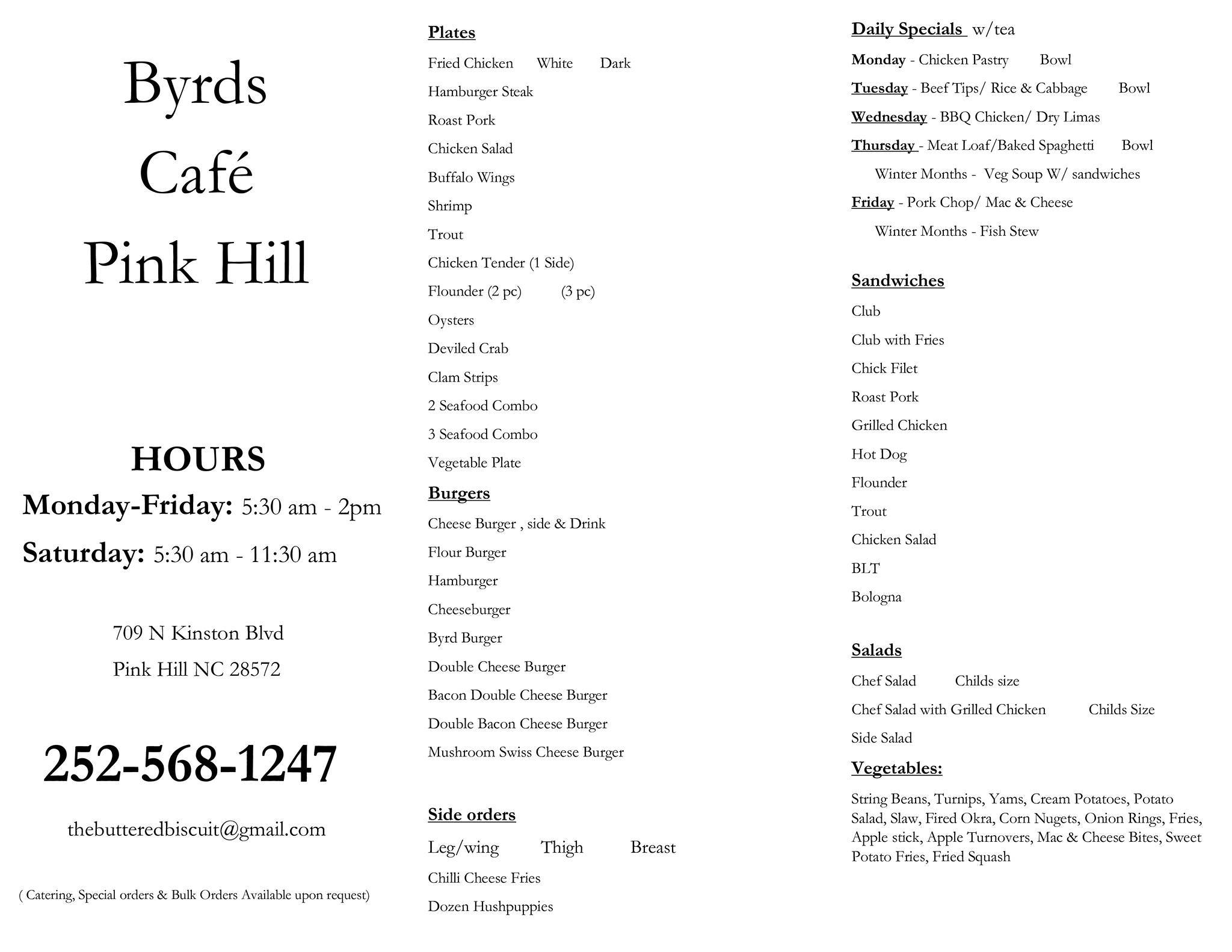 Menu at Jo's Cafe, Pink Hill