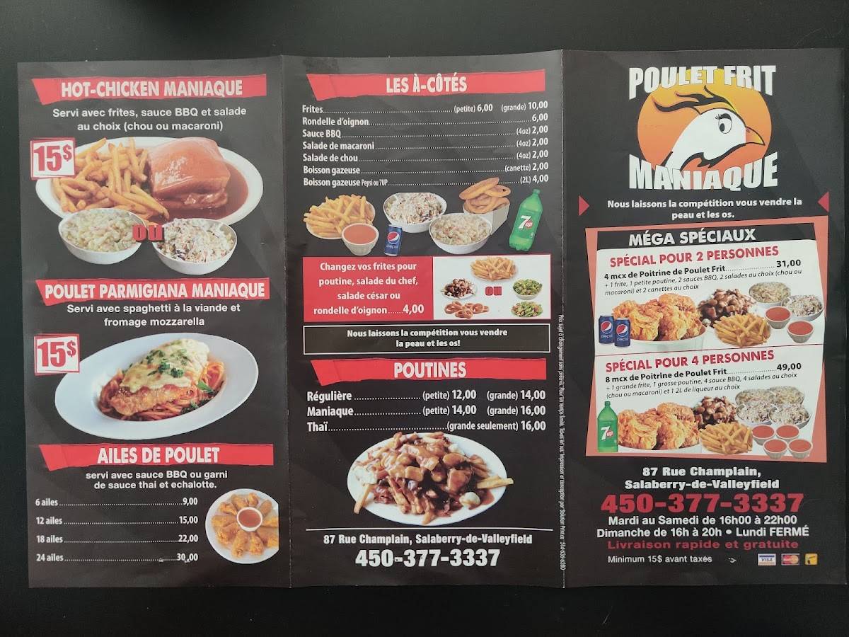 Menu au Poulet Frit Maniaque restaurant, SalaberrydeValleyfield