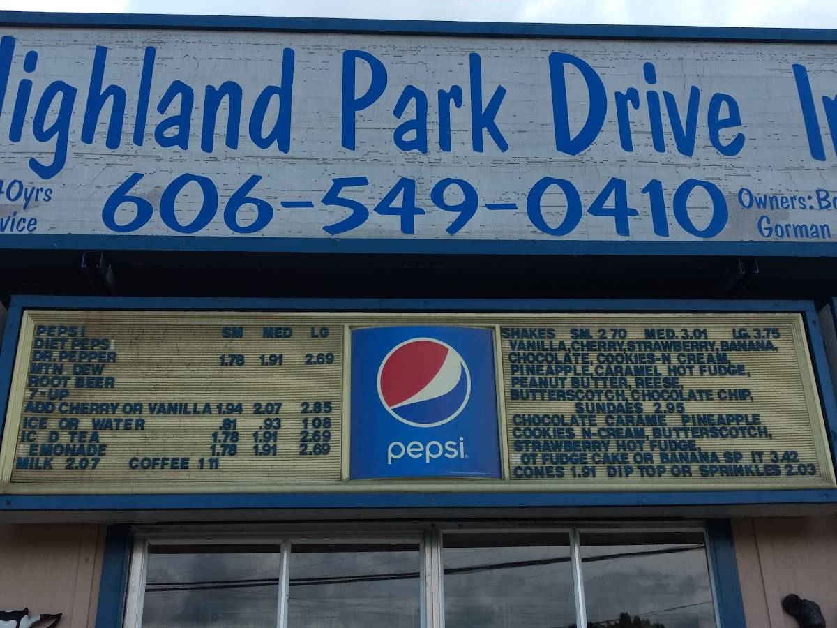 Menu at Highland Park Drive In restaurant, Williamsburg, 496 US25W