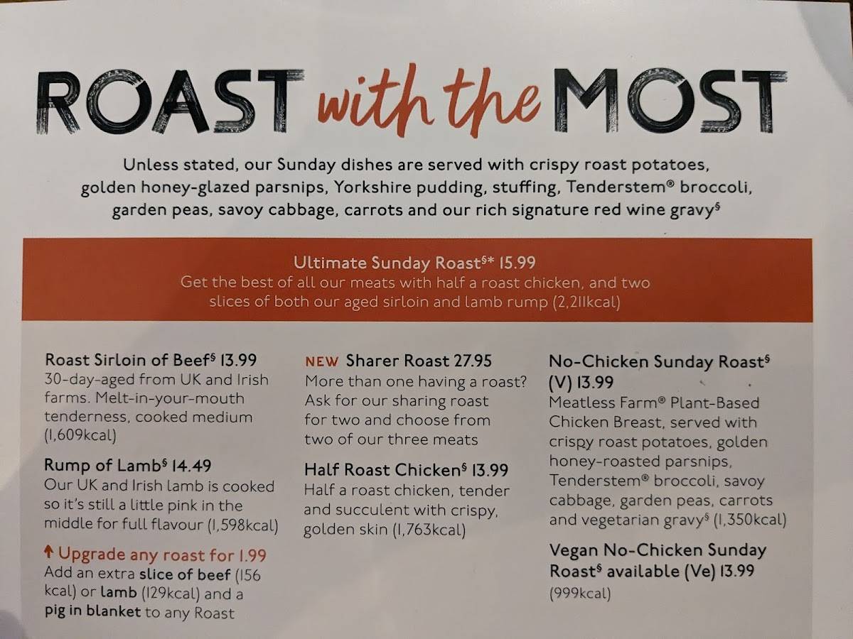 Menu at Tattenham Corner Beefeater restaurant, Epsom, Epsom Downs