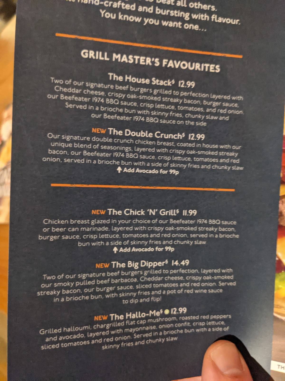 Menu at Tattenham Corner Beefeater restaurant, Epsom, Epsom Downs