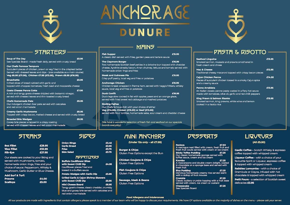 Menu at The Anchorage restaurant, Dunure