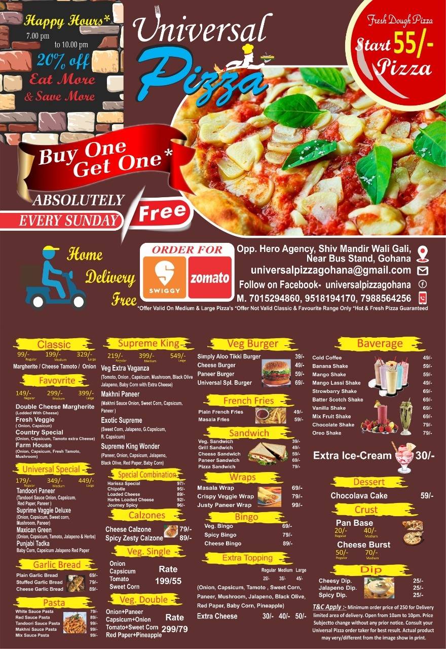 Menu at Universal Pizza, Gohana