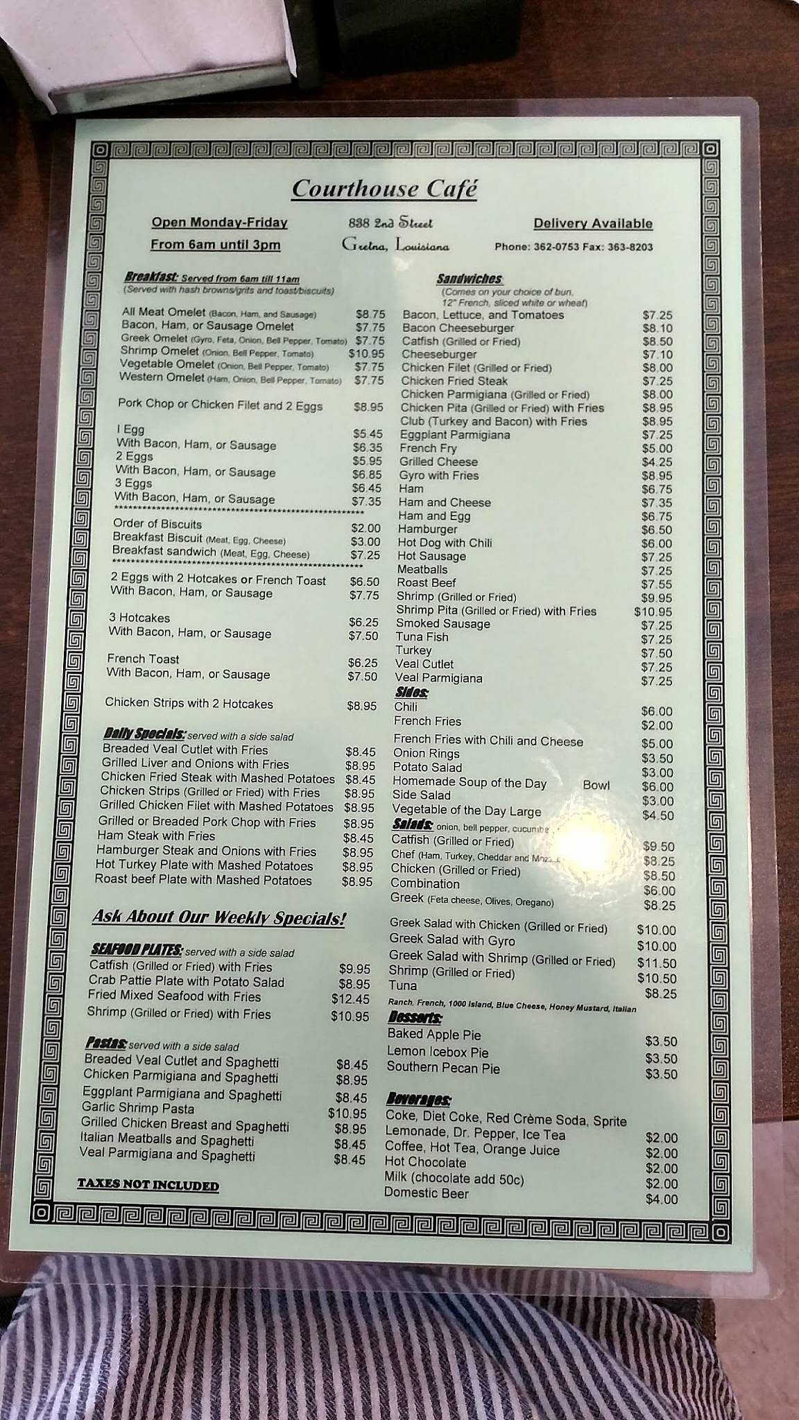 Menu at Courthouse Cafe, Gretna
