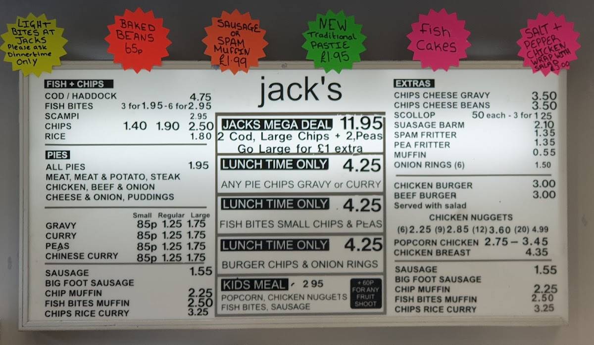 Menu at Jack's Chippy restaurant, Manchester, 333 Ainsworth Rd