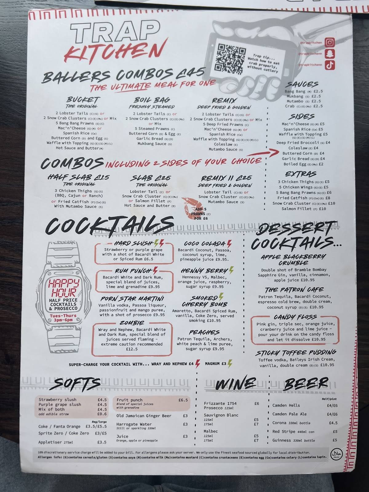 Menu at Trap Kitchen restaurant, London, 7677 Chalk Farm Rd