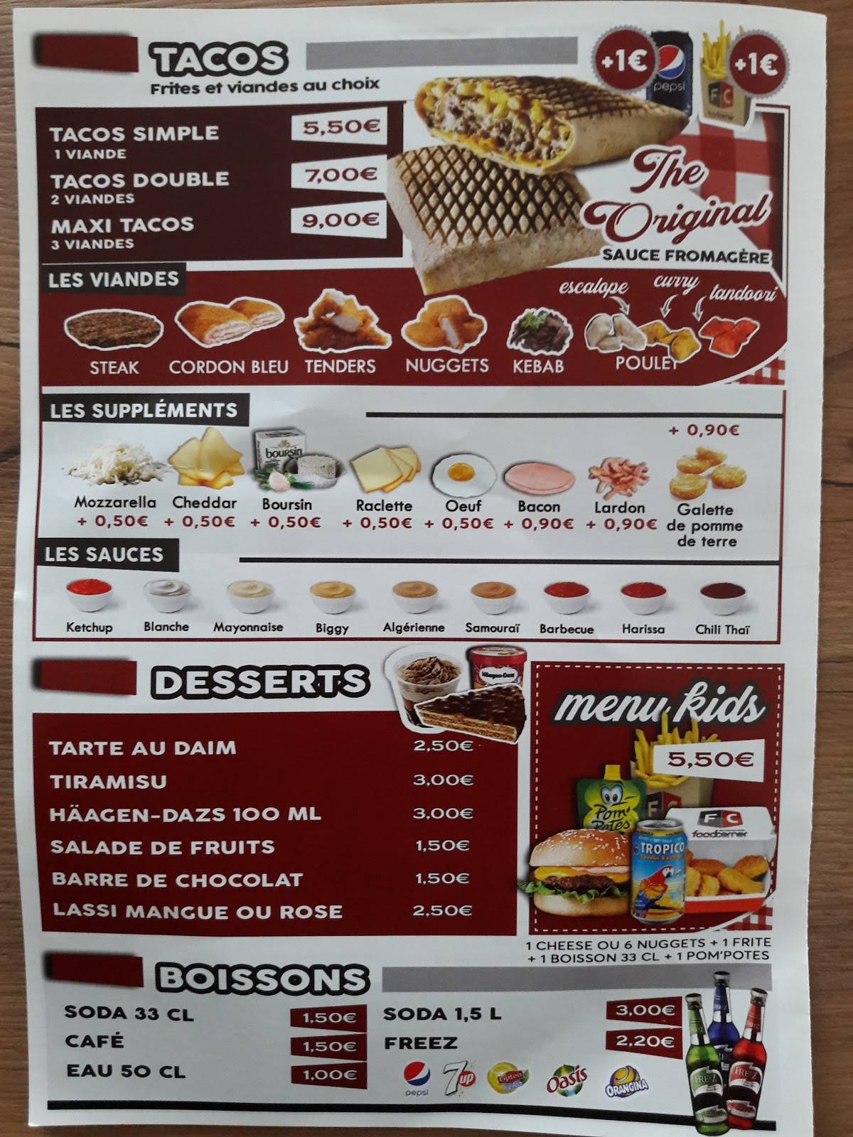 Menu au Food Corner restaurant, Lucé