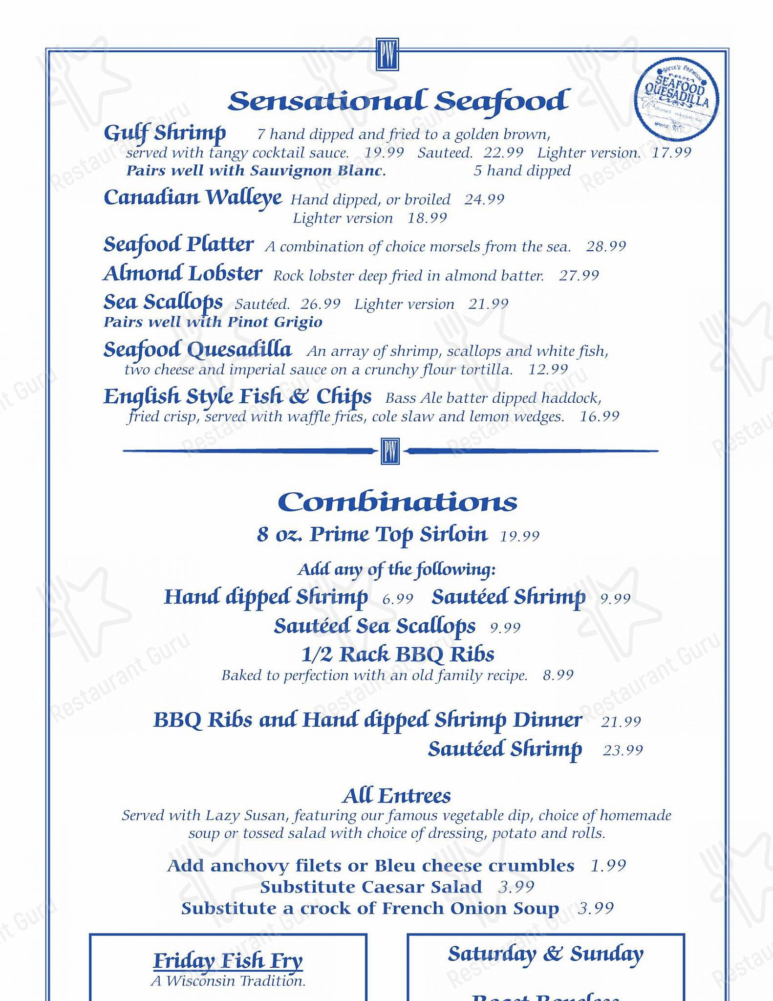 Menu at Pinewood Supper Club, Mosinee