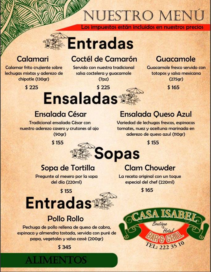Menu at Casa Isabel restaurant, Puerto Vallarta, Analco 132