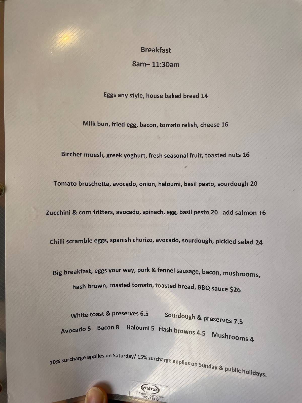 Menu at The Anchorage restaurant, Lord Howe Island