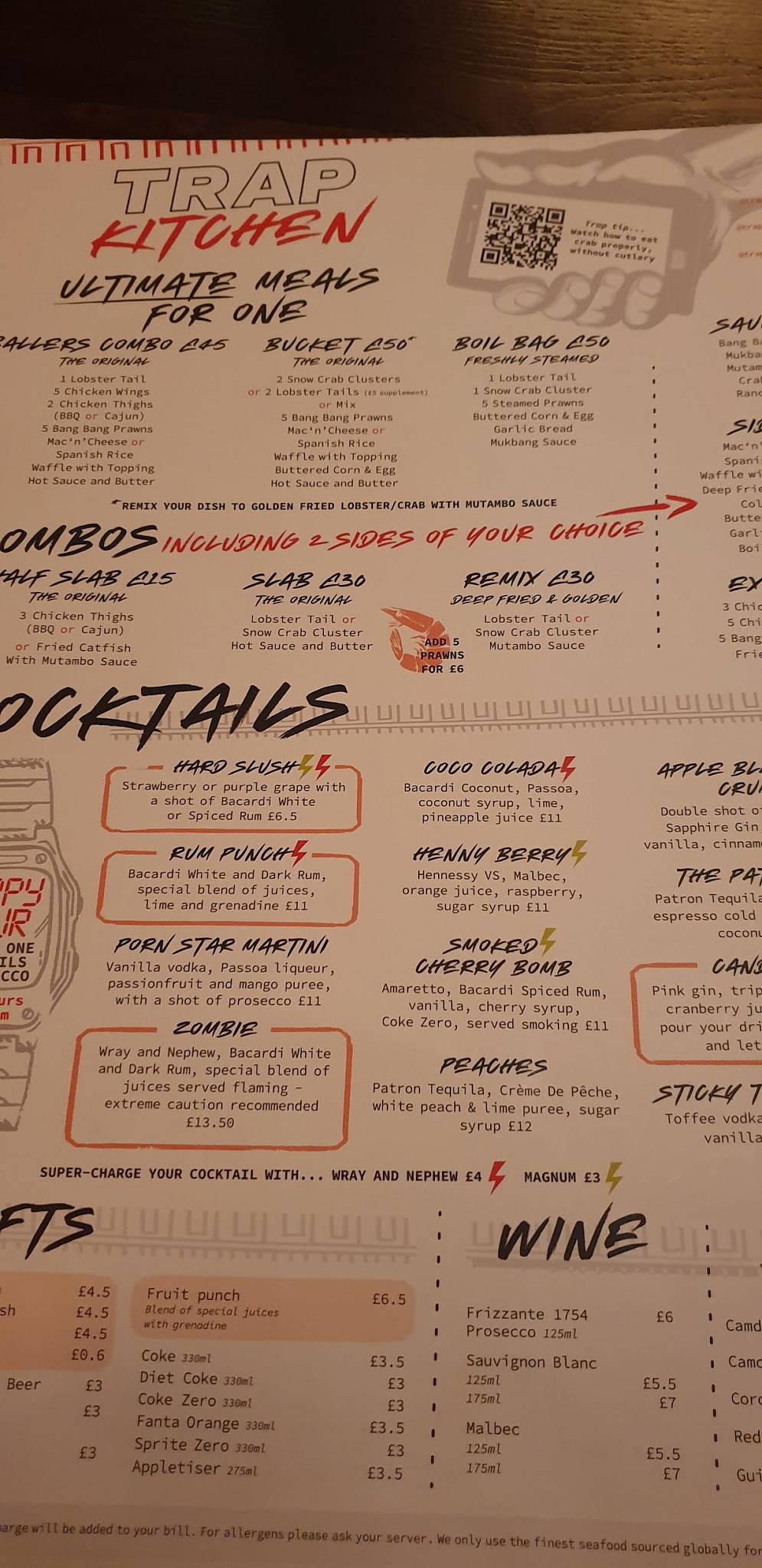 Menu at Trap Kitchen restaurant, London, 7677 Chalk Farm Rd