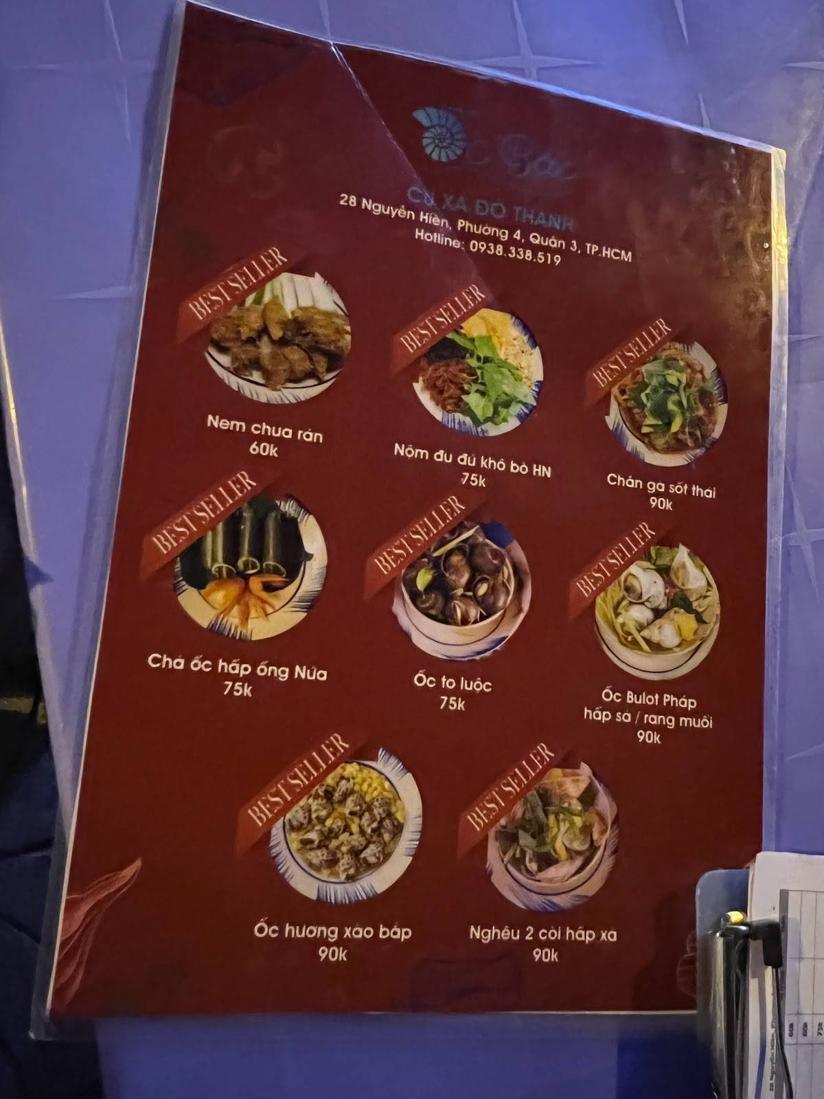 Menu at Ốc Bắc restaurant, Ho Chi Minh City, 351 Đ. Nguyễn Thượng Hiền