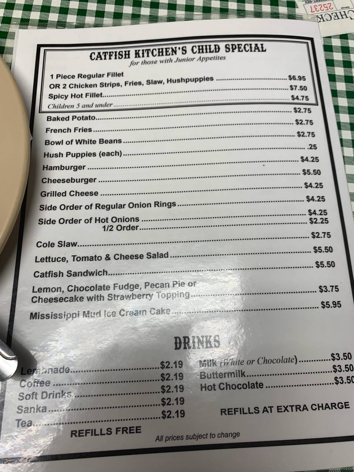 Menu at Catfish Kitchen restaurant, Burns, US70