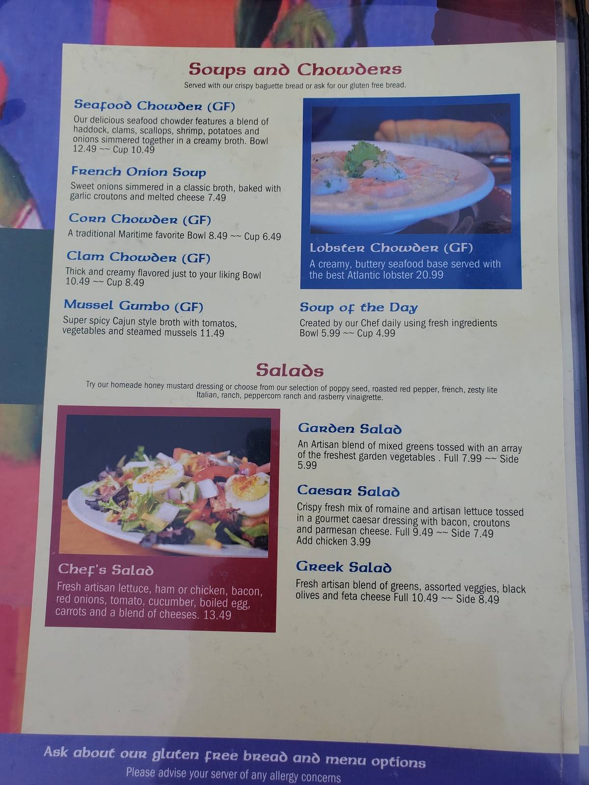 Menu at Chowder House on Main restaurant, Tatamagouche