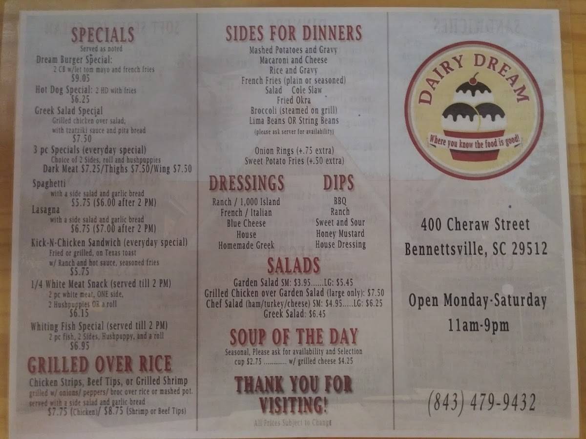 Menu at Dairy Dream Drive In restaurant,