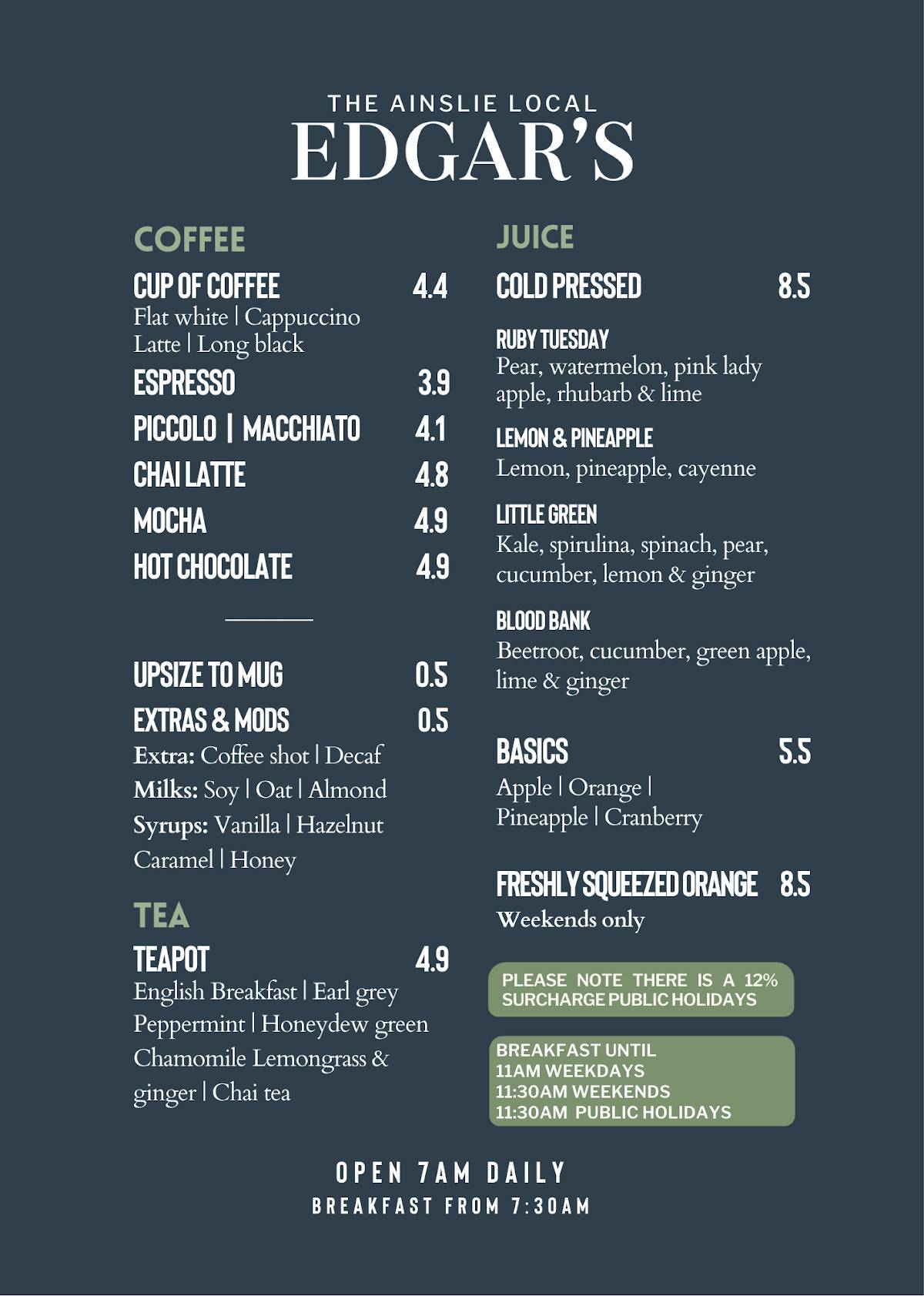 Menu at Edgar's pub & bar, Ainslie