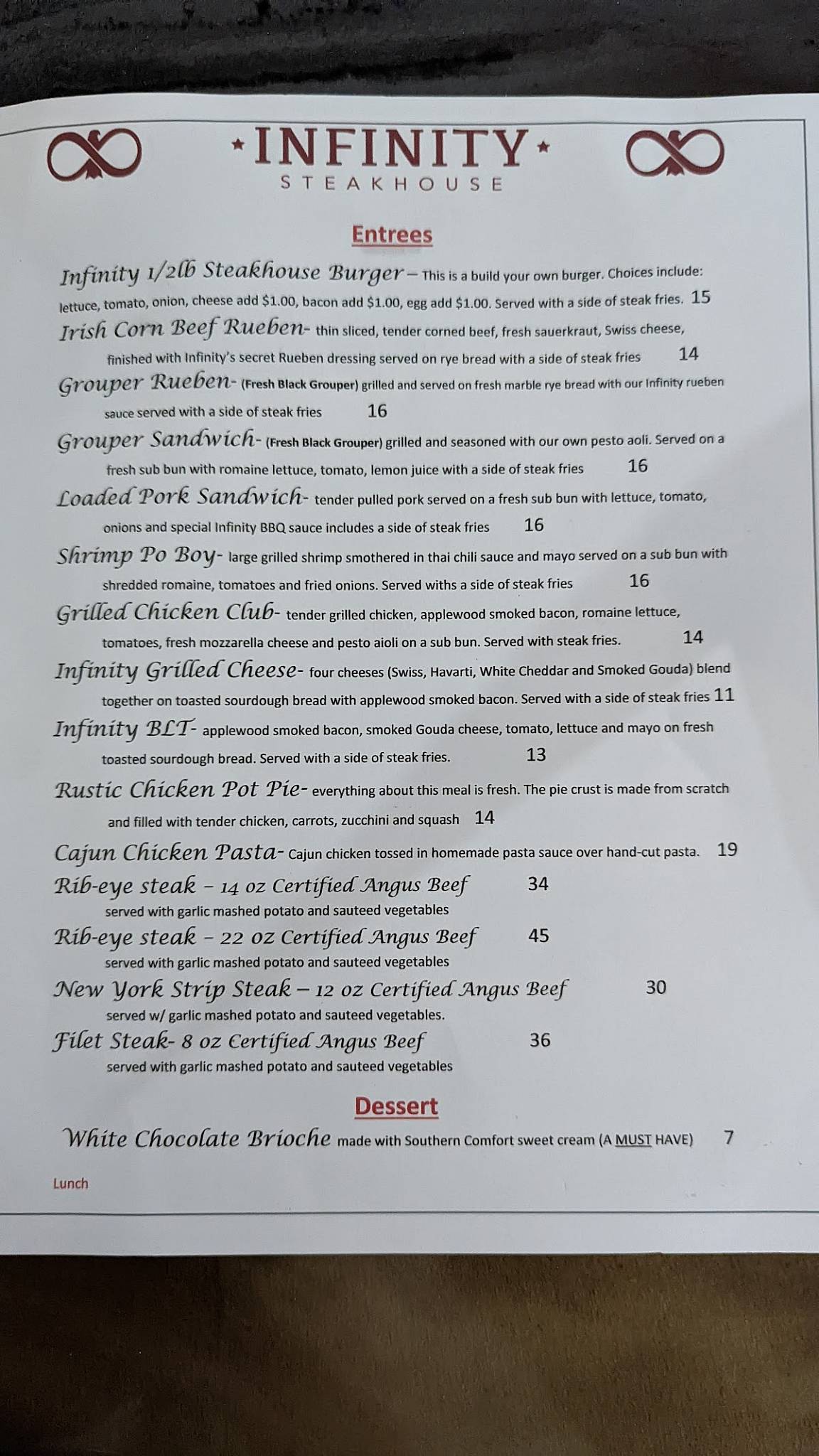 Menu at Infinity Steakhouse, LaBelle