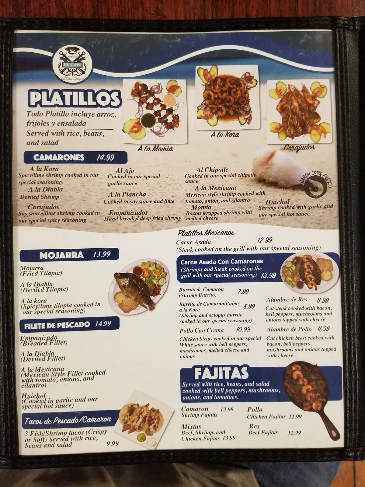 Menu at Mariscos El Capi restaurant, Arbuckle