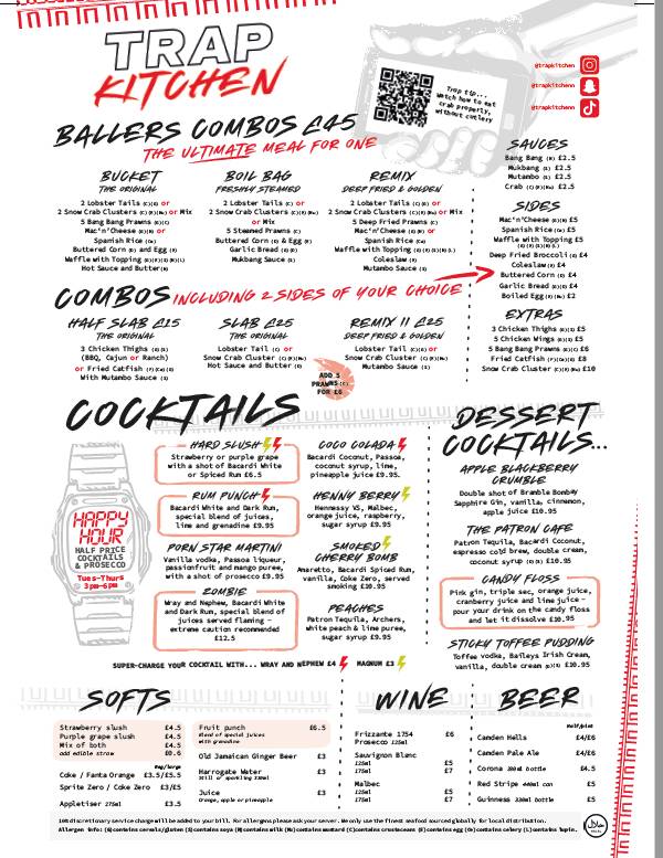 Menu at Trap Kitchen restaurant, London, 7677 Chalk Farm Rd