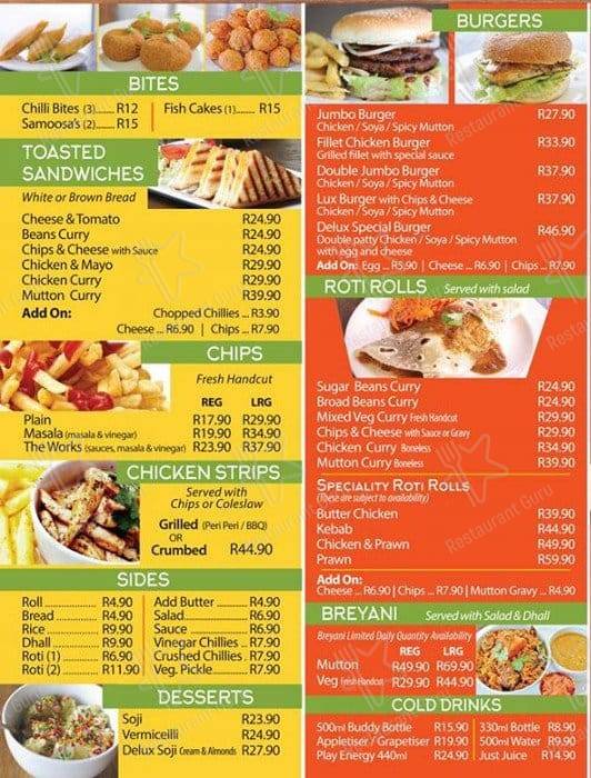 Menu at Canecutters Glenwood restaurant, Durban, 5355 Helen Joseph Rd