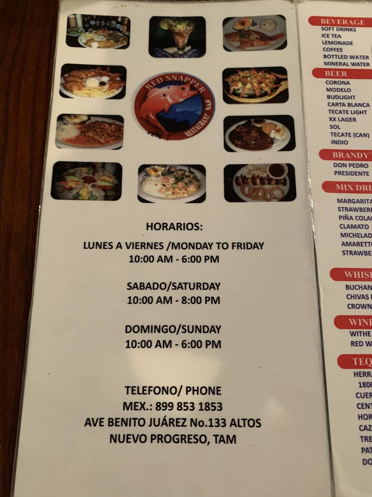 Menu at Chuy's Red Snapper restaurant, Nuevo Progreso, Av. Benito