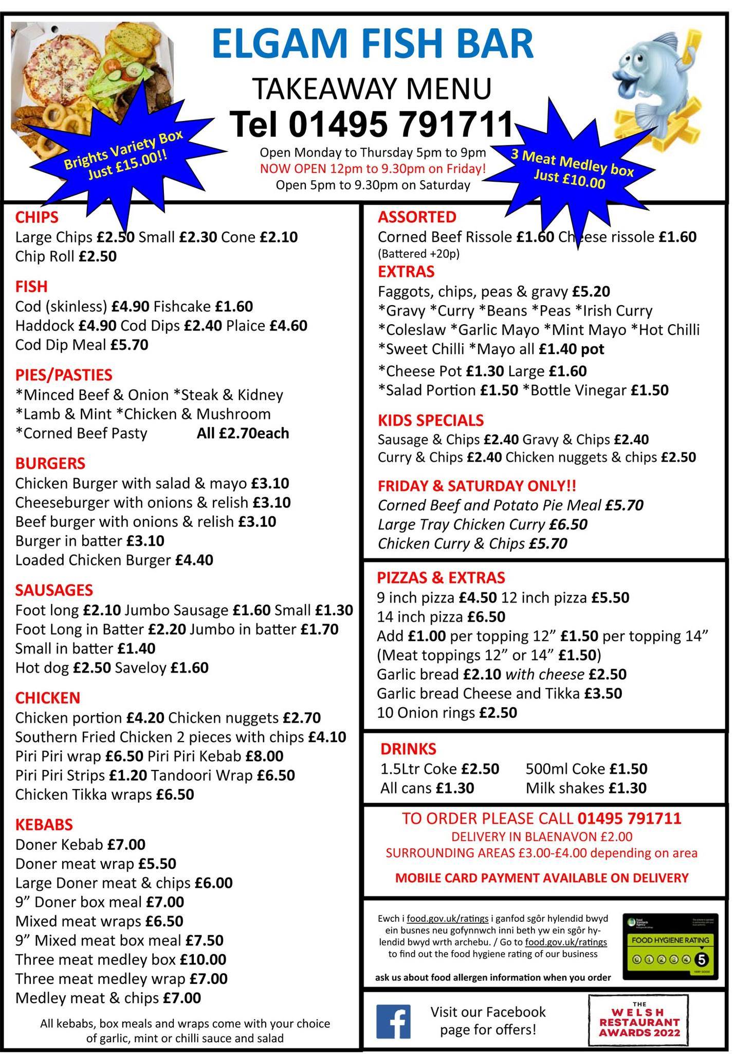 Menu at Elgam Fish Bar “Brights”, Blaenavon