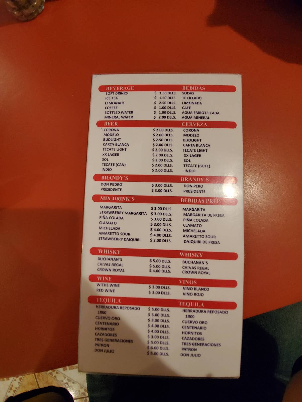 Menu at Chuy's Red Snapper restaurant, Nuevo Progreso, Av. Benito