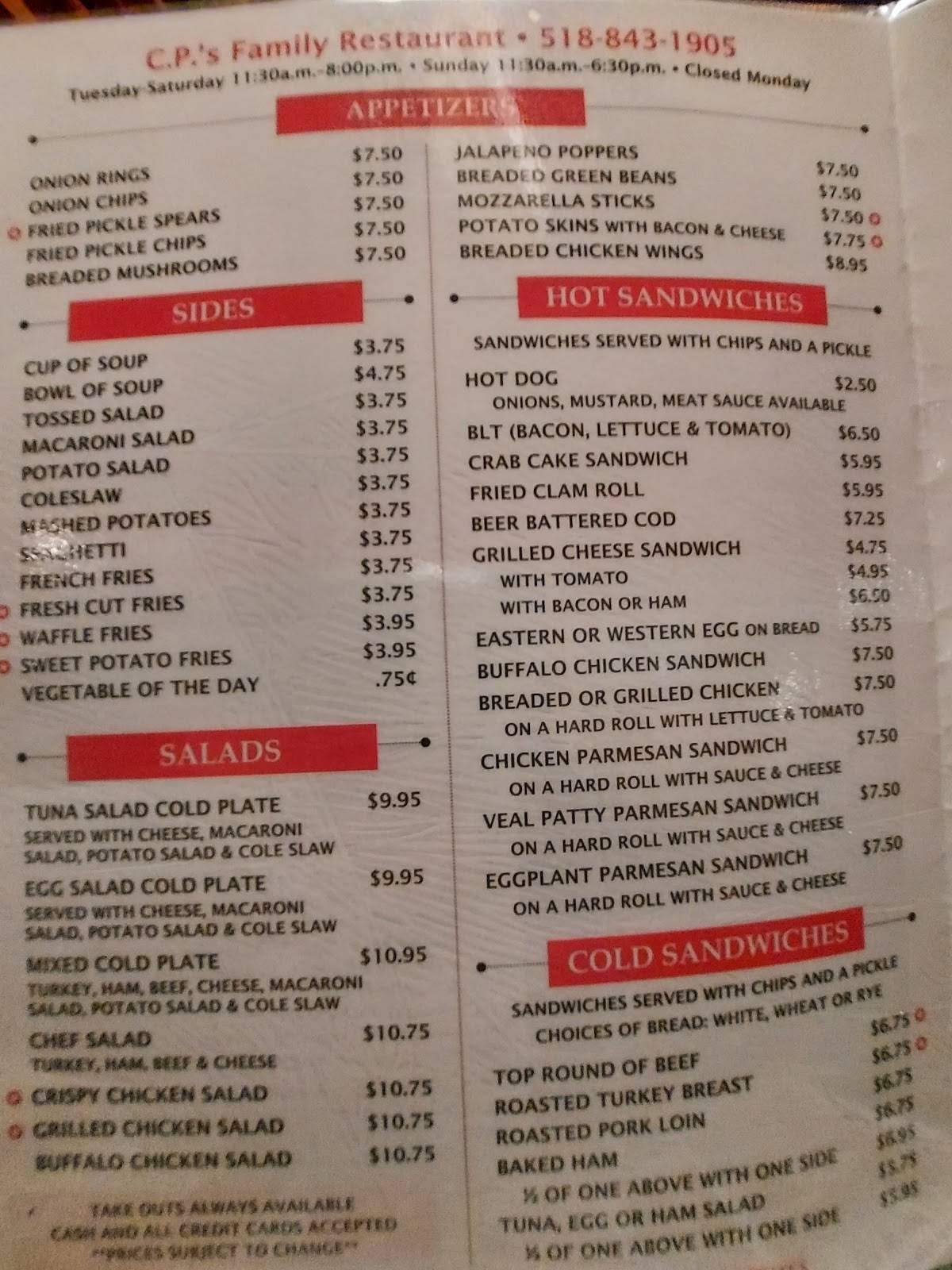 Menu at CP's restaurant, Hagaman