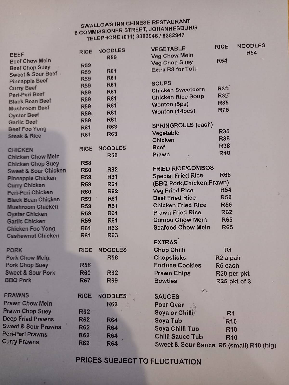 Menu at Swallows Inn Chinese Restaurant, Johannesburg