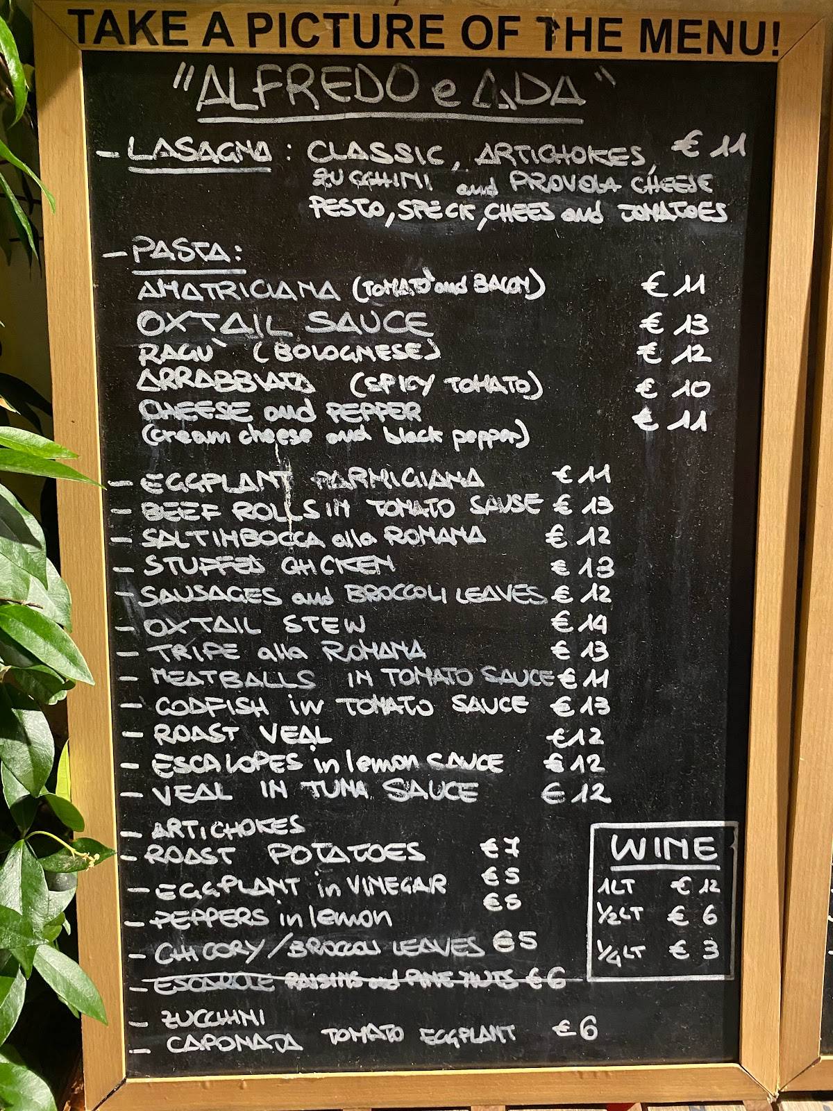 Menu at Alfredo e Ada pub & bar, Rome, Via dei Banchi Nuovi