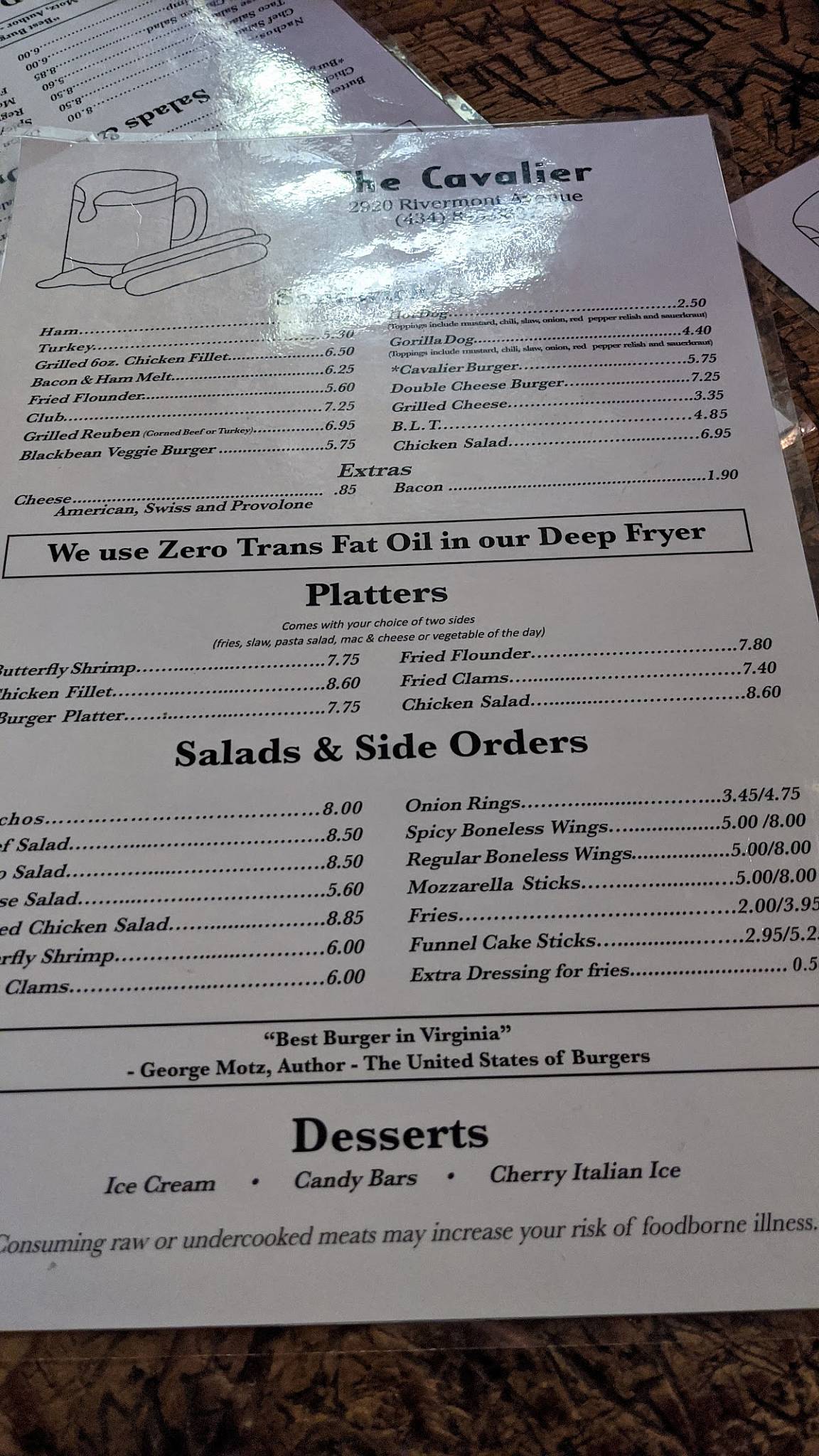 Menu at Cavalier Store restaurant, Lynchburg