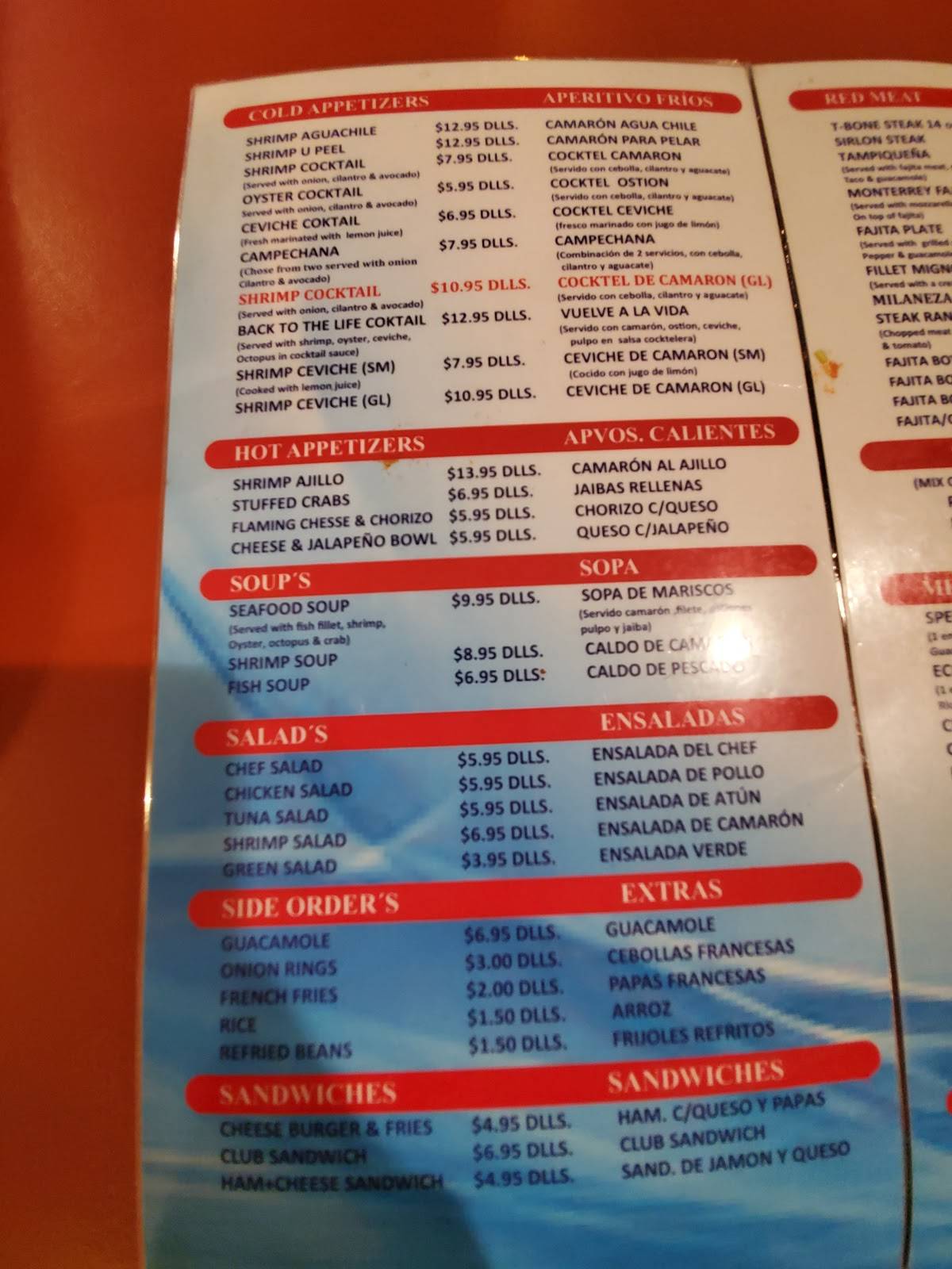 Menu at Chuy's Red Snapper restaurant, Nuevo Progreso, Av. Benito