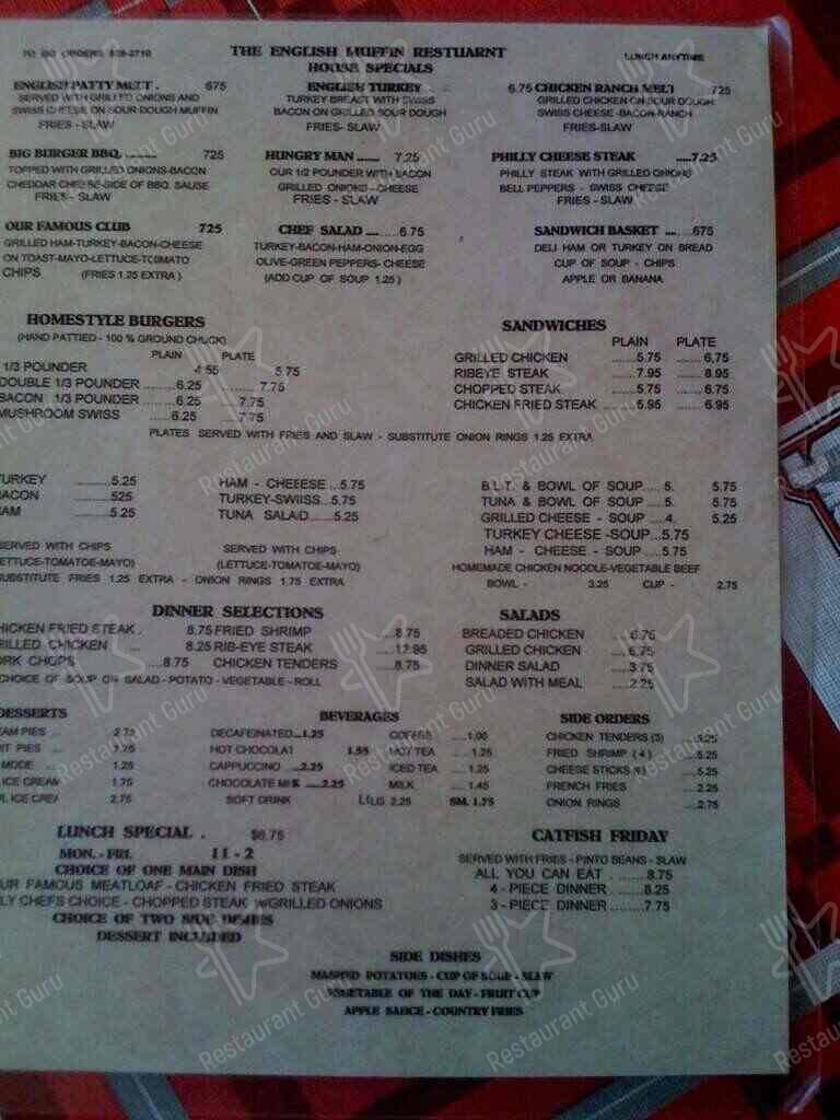 Menu at English Muffin cafe, Hot Springs, Central Ave