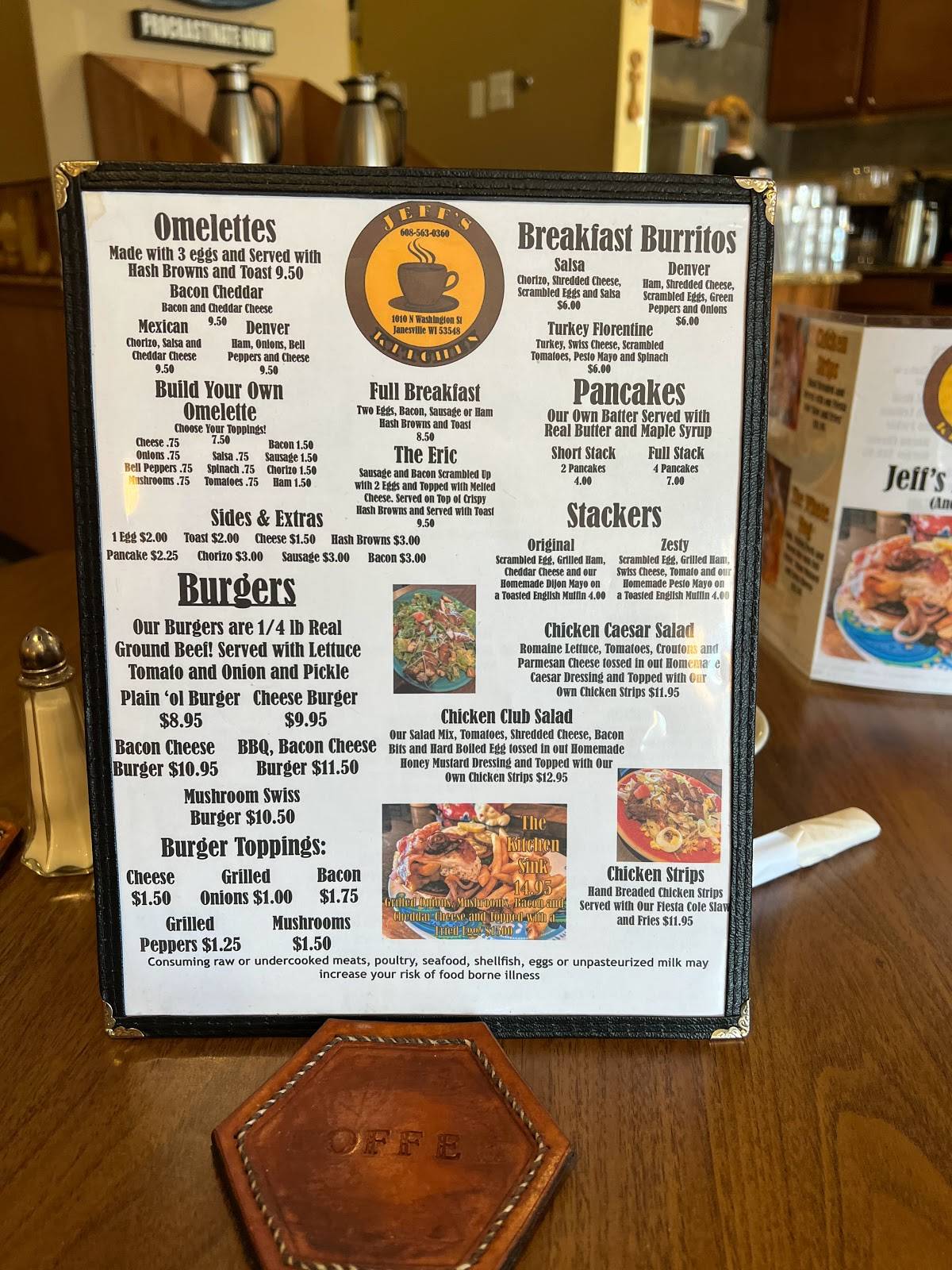 Menu at Jeff's Kitchen restaurant, Janesville