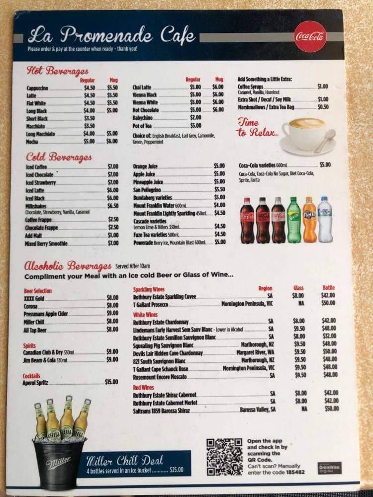 Menu at La Promenade Cafe, Caloundra