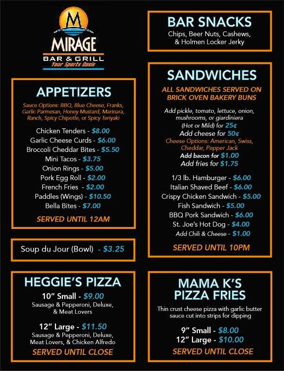Menu at Mirage Sports Bar & Grill, La Crosse, Mormon Coulee Rd