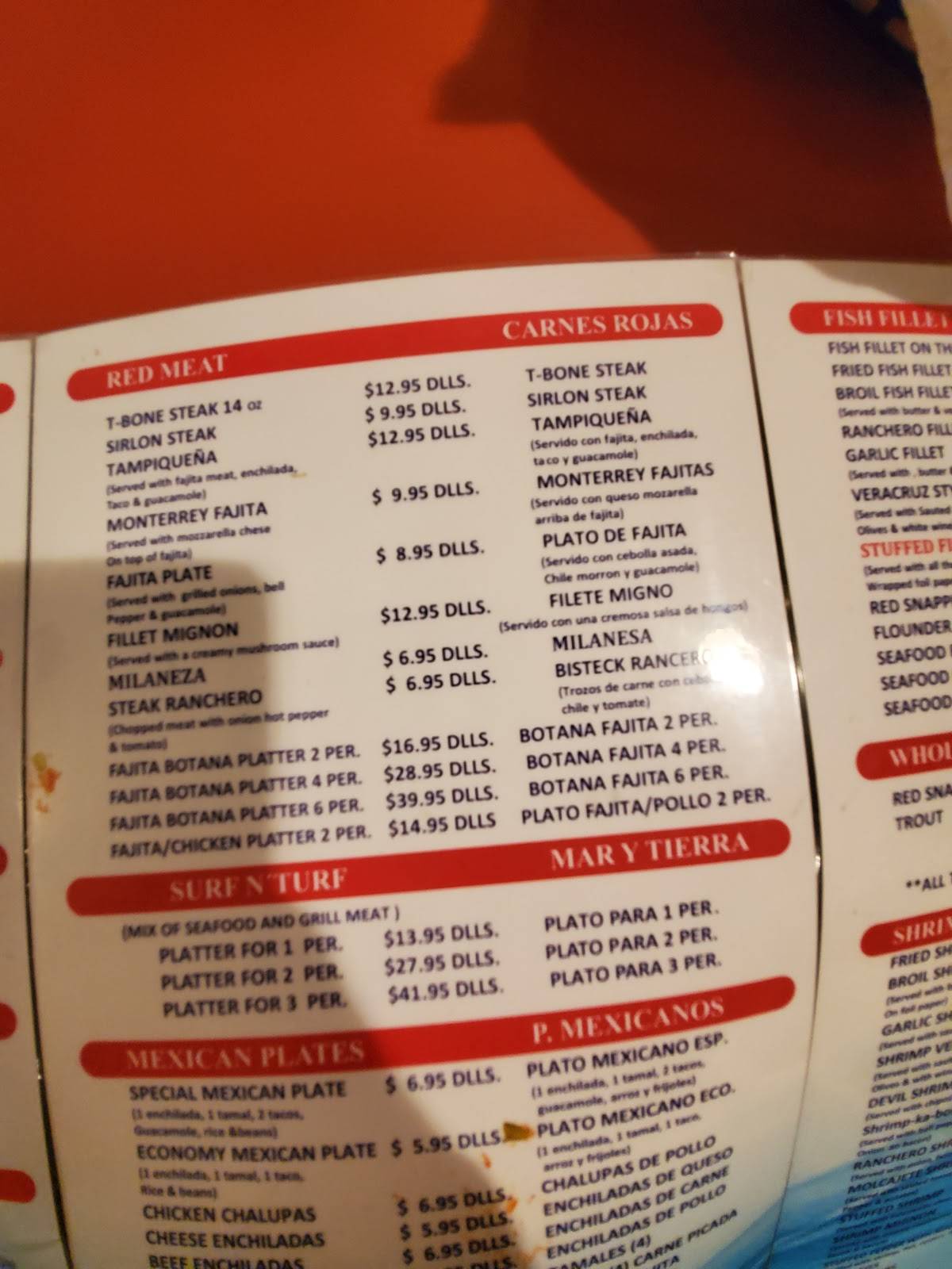 Menu at Chuy's Red Snapper restaurant, Nuevo Progreso, Av. Benito