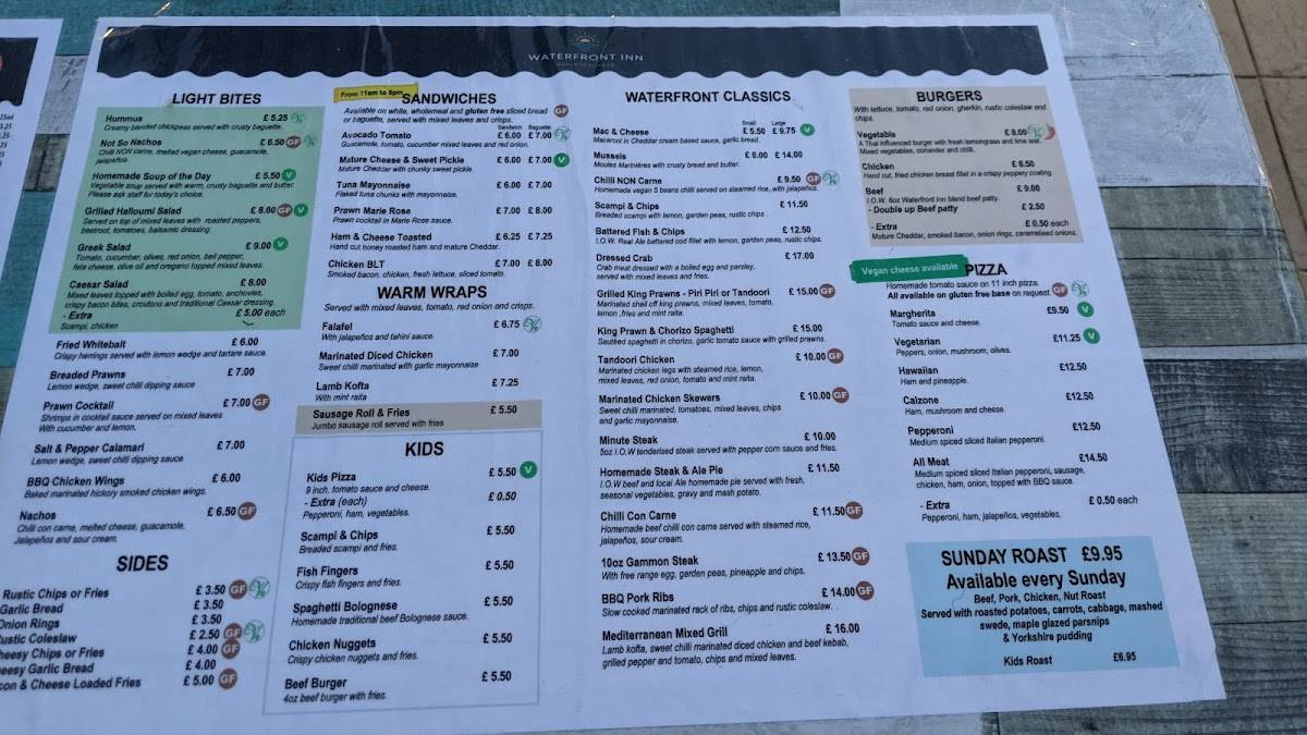 Menu at The Waterfront Inn restaurant, Shanklin