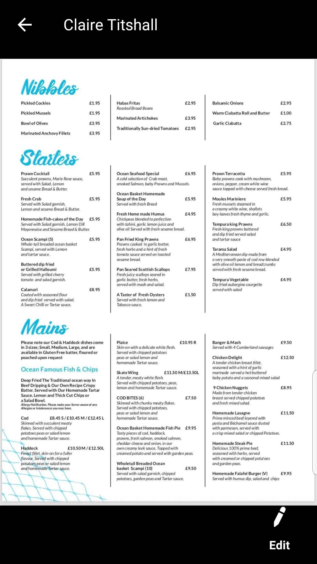 Menu at Ocean Fish Platter restaurant, Ipswich