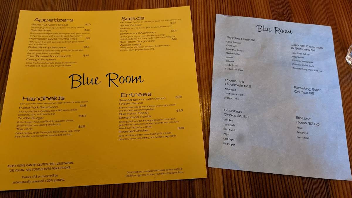 Menu at Blue Room restaurant, Sandpoint