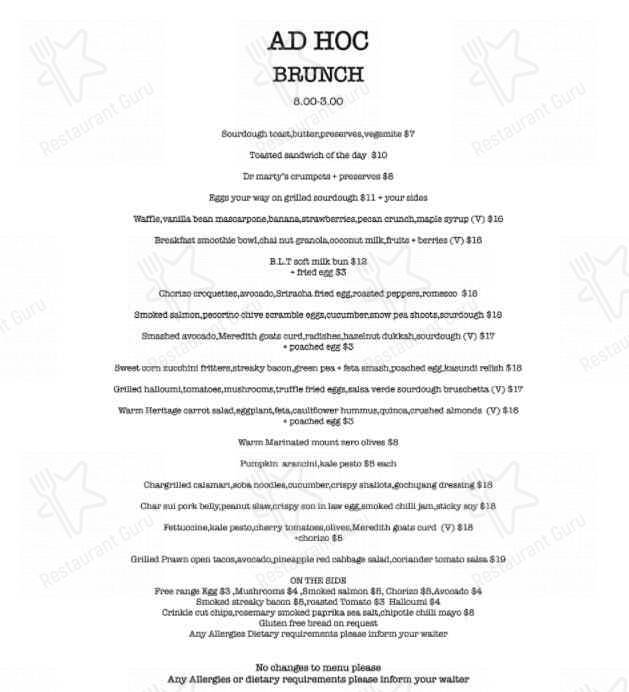 Menu at AD HOC MT ELIZA cafe, Mount Eliza