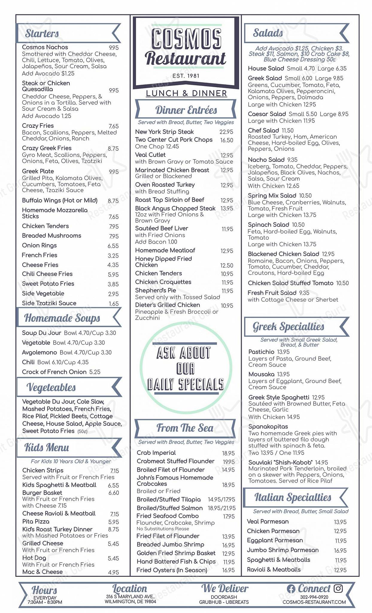 Menu at Cosmos Restaurant, Wilmington