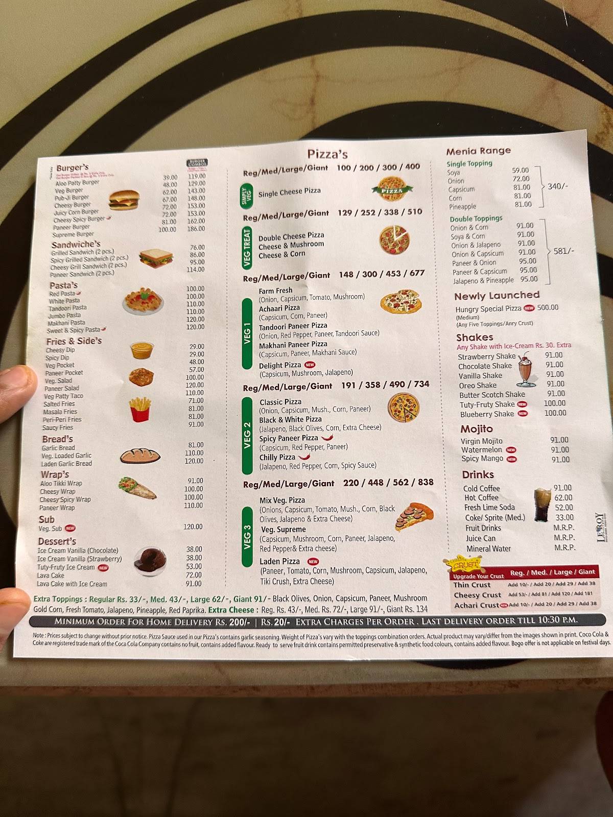 Menu at Hungry Point, Gohana