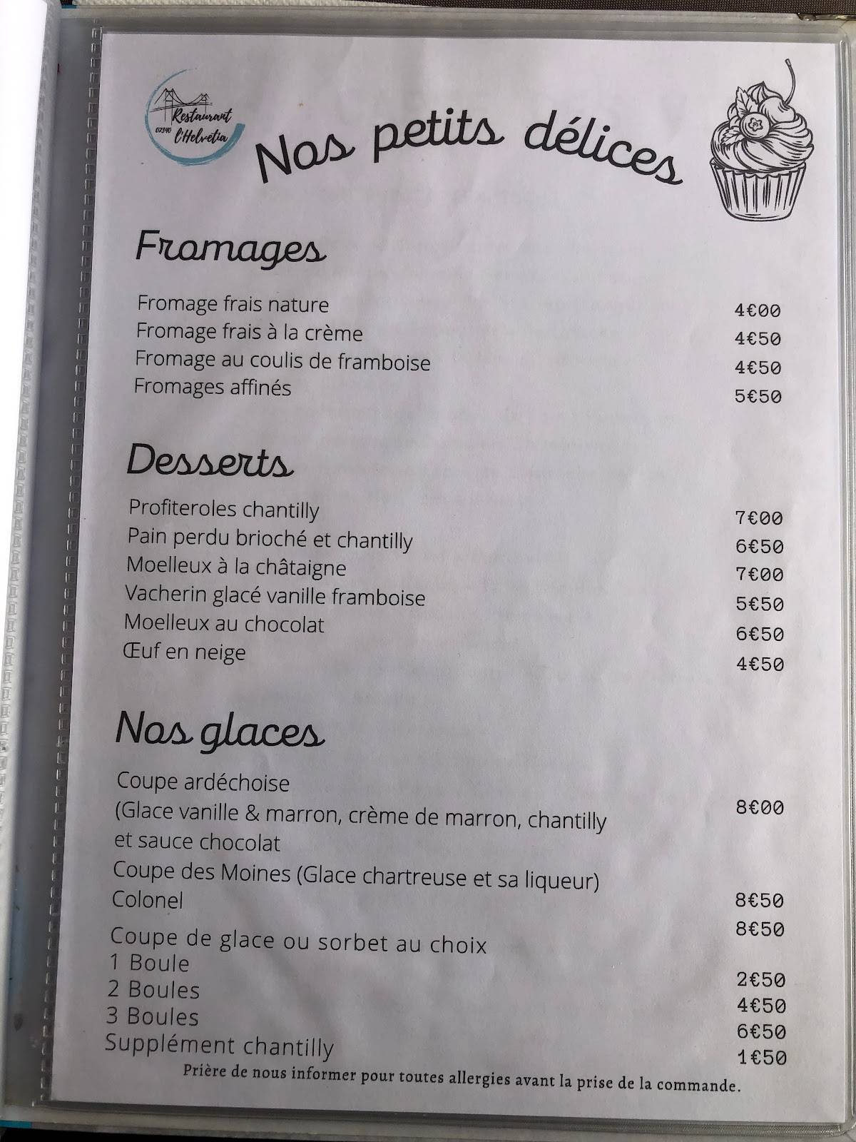 Menu at L'Helvetia restaurant, Serrières