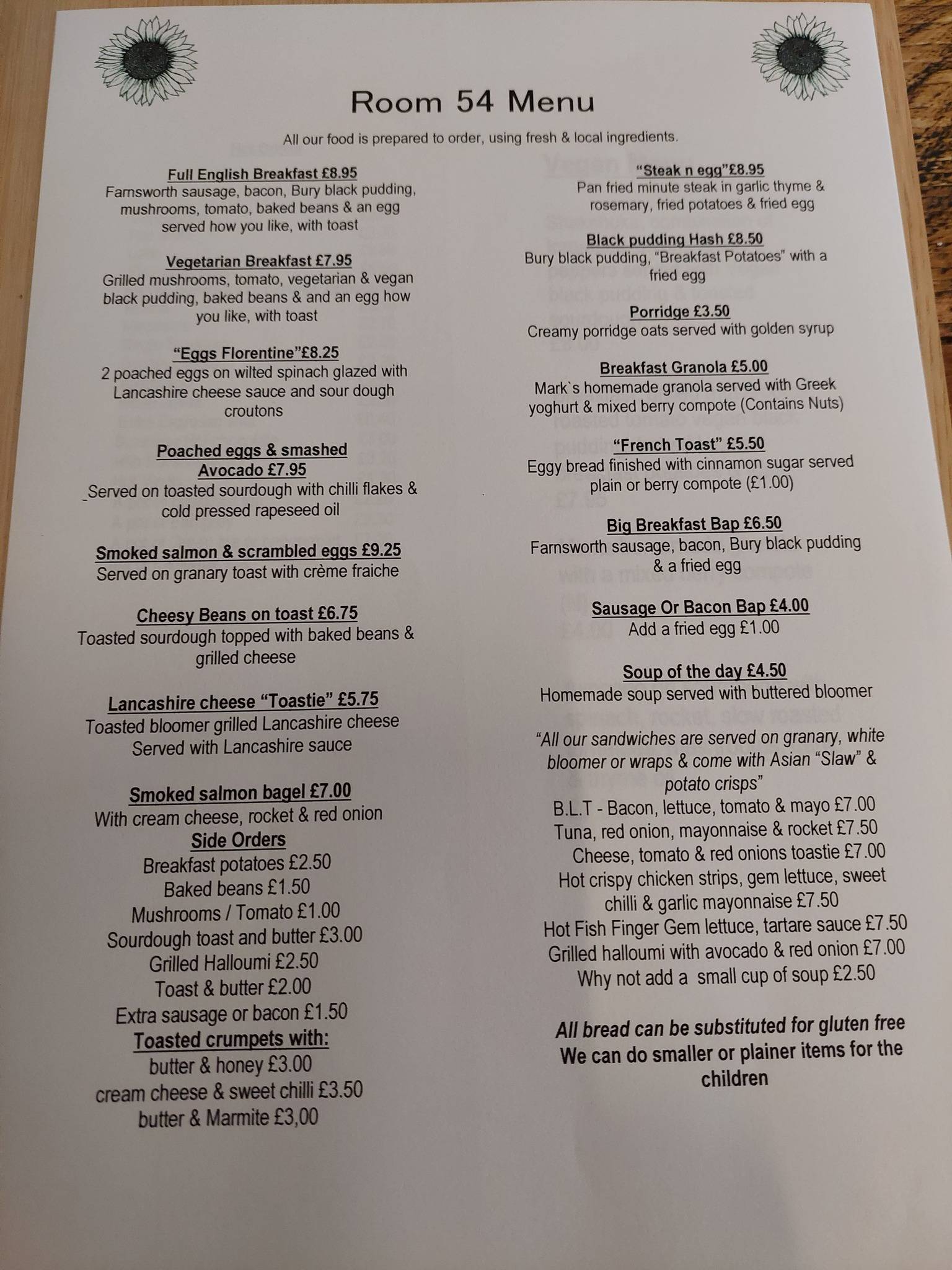 Menu at Room 54 Ramsbottom cafe, Bury