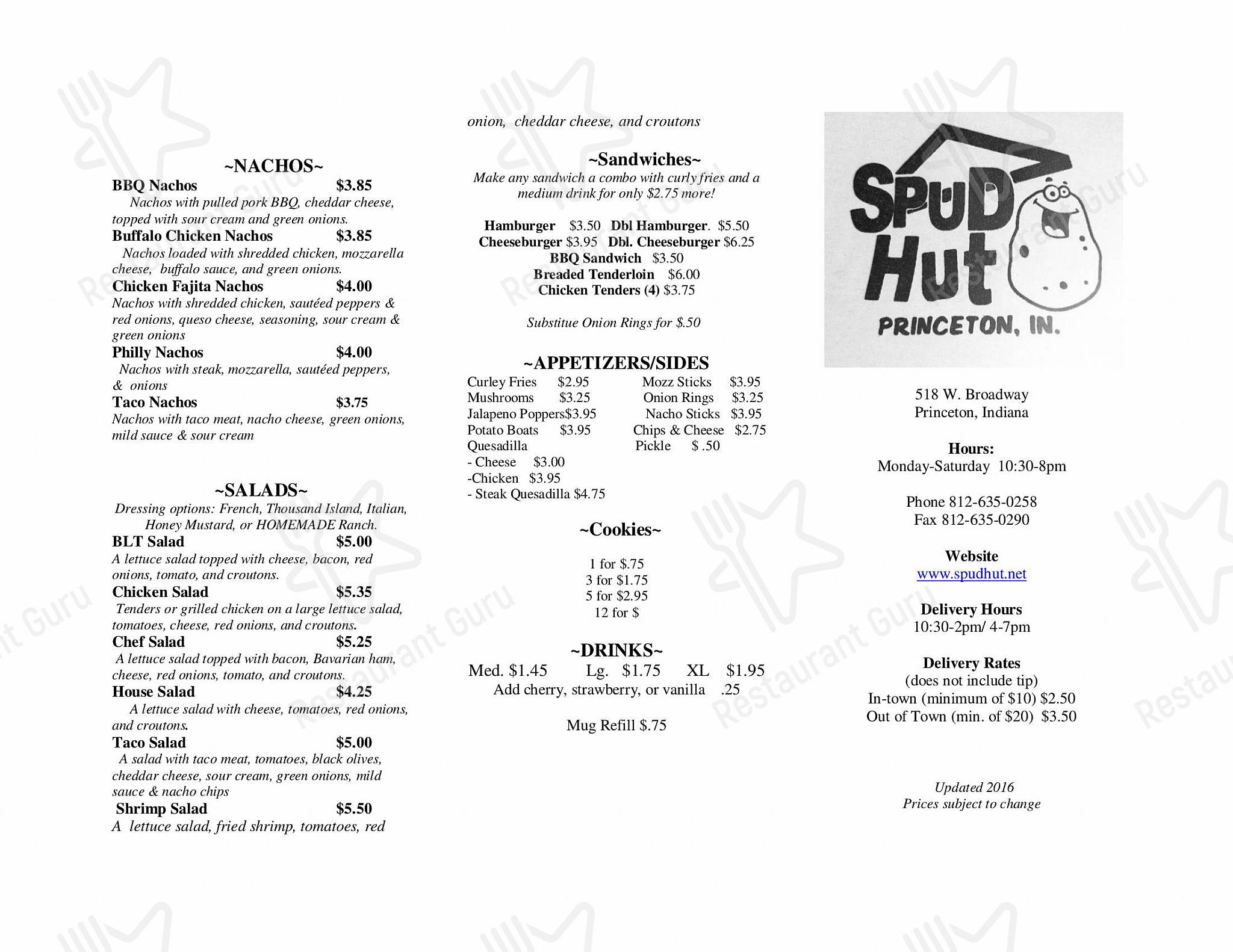 Menu at Spud Hut fast food, Princeton